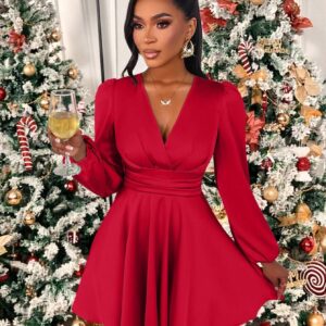 Punane pidulik kleit V-kaeluse ja pikkade varrukatega