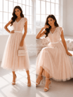 Elegantne rüüsidena nude-roosa täpiline tüllkleit
