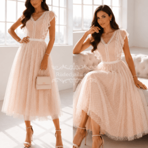 Elegantne rüüsidena nude-roosa täpiline tüllkleit