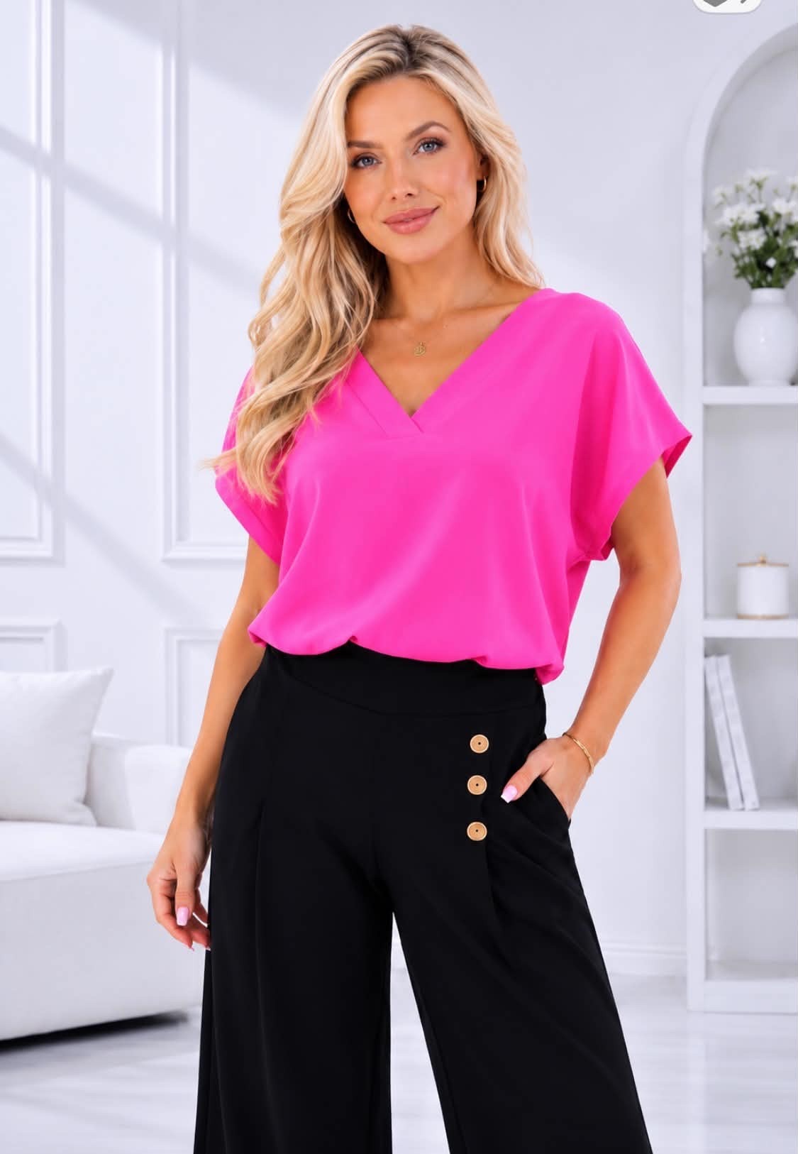 Elegantne V-kaelusega naiste pluus neonkorall