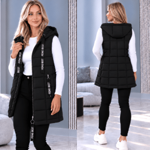 Pikk kapuutsiga tepitud naiste vest „Best” must